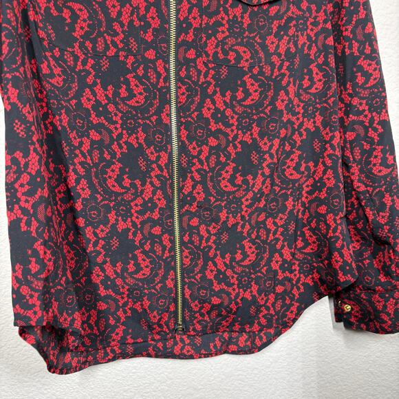 MICHAEL Michael Kors Medium Full Zip Shirt Crimson Black Floral Roll Tab Sleeves - Picture 5 of 11
